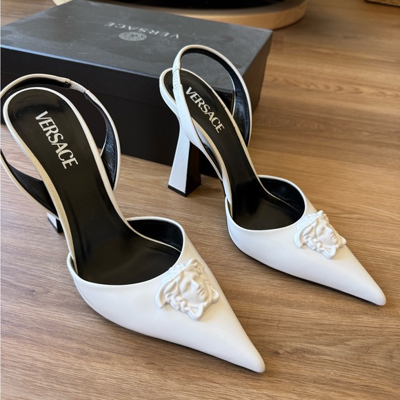 Versace White Pointed Toe Slingback Heels - Picture 3 of 9